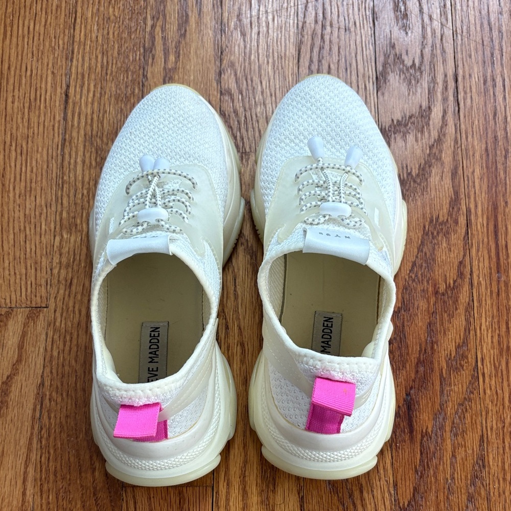 Steve Madden Cream Knit Sneakers with Pink Heel Tabs